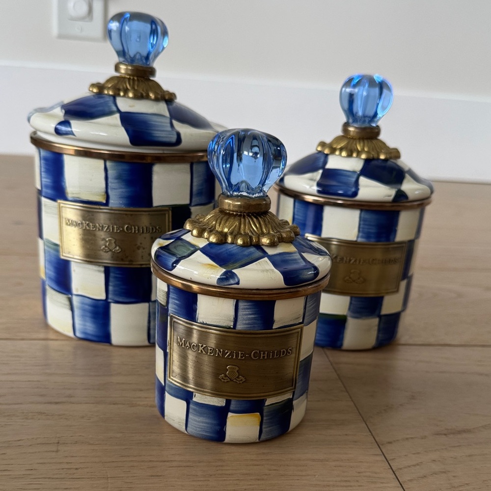 MacKenzie-Childs Royal Blue and Cream Checkered Canister Trio